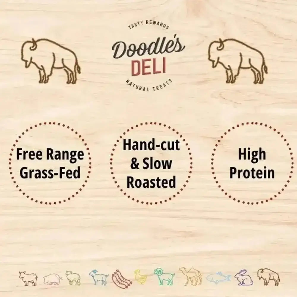 Doodles Deli wood sign with bison art and circles for water buffalo treats supporting strong muscles