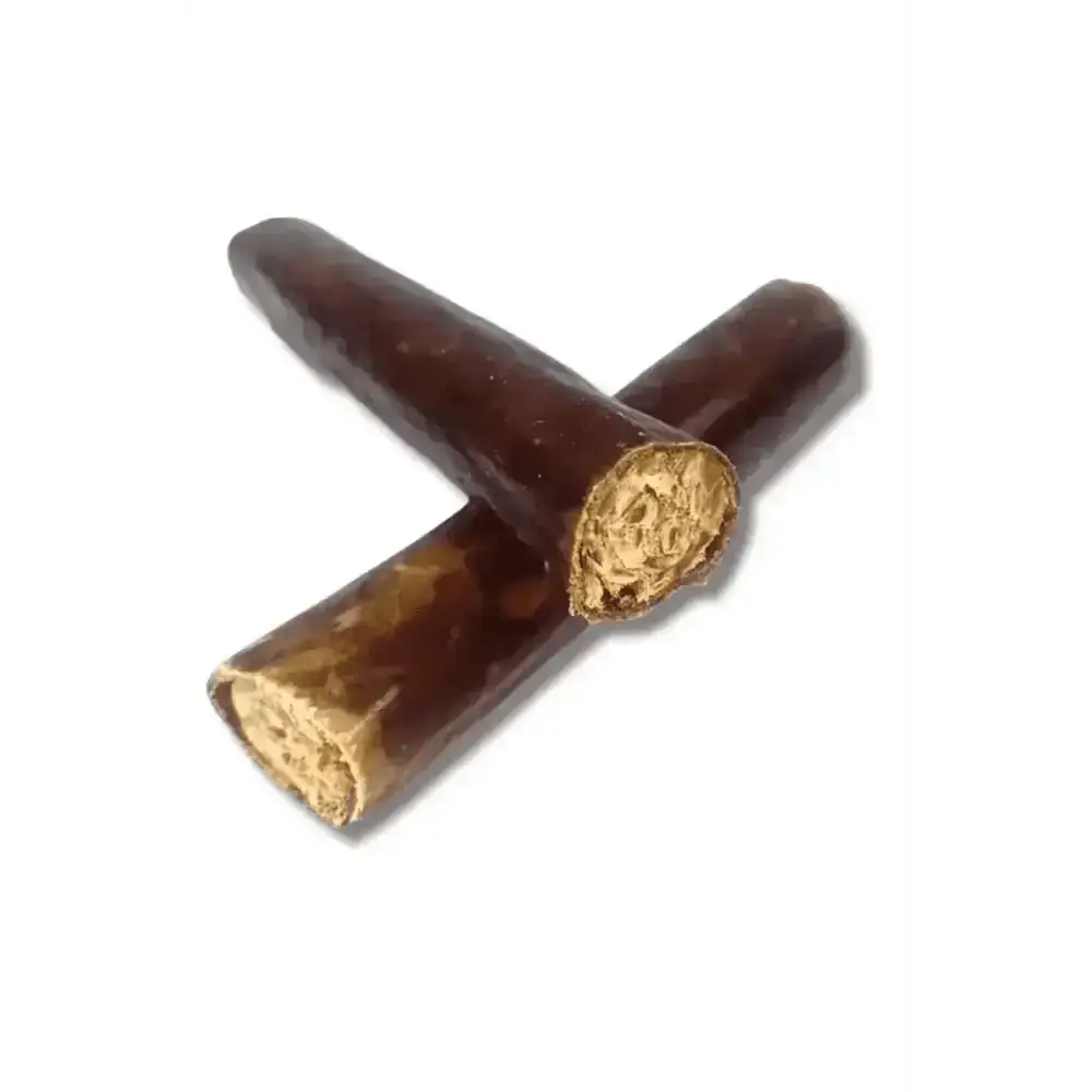 Doodles Deli water buffalo bully wrap with chocolate-covered pretzel stick for strong muscles