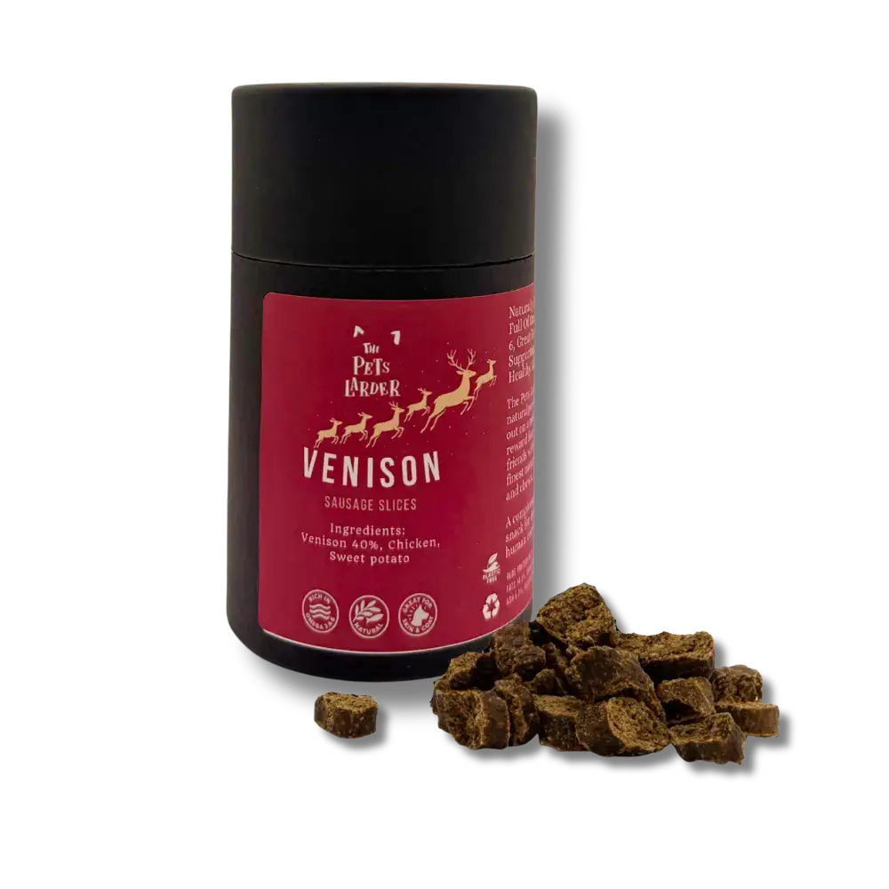 Festive gourmet sausage slices: The Pets Larder venison in black container