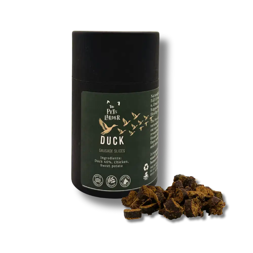 Sleek black can of Pets Larder festive gourmet sausage slices with green label