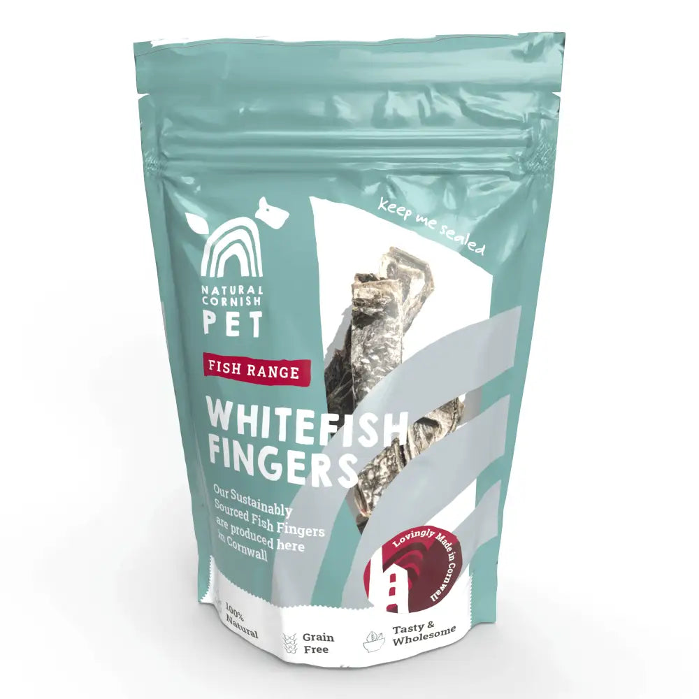 Teal resealable pouch of natural Cornish dog whitefish fingers in advent calendar collection