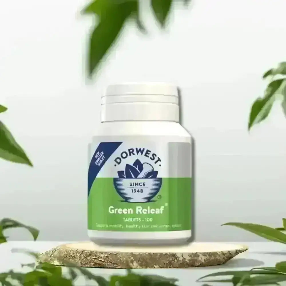 Dorwest Green Releaf bottle with green leafy supplement, white label, blue accents