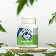 Dorwest Green Releaf bottle with green leafy supplement, white label, blue accents