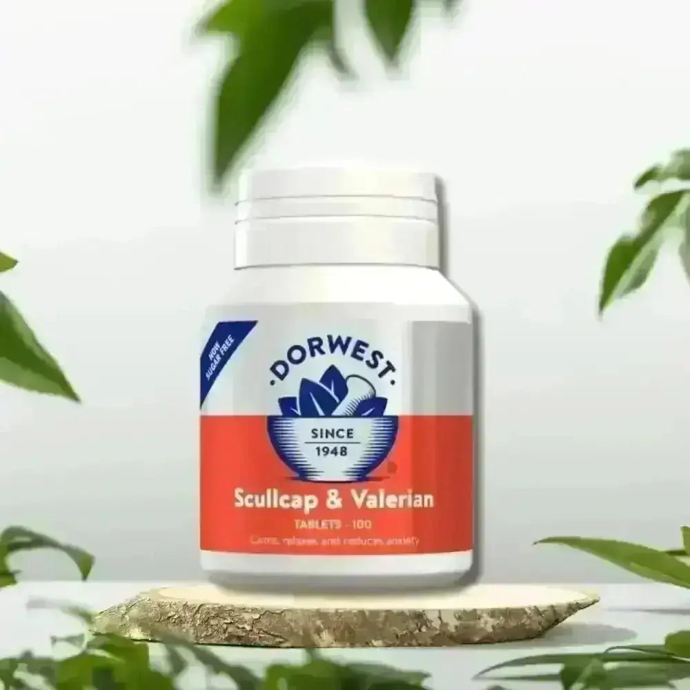 Dorwest Scullcap and Valerian tablets bottle for pets anxiety relief