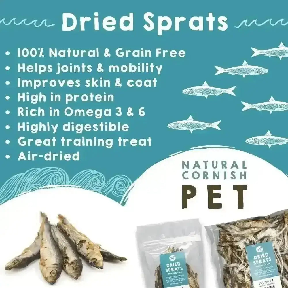Natural cornish pet dried sprats in air-dried packaging.