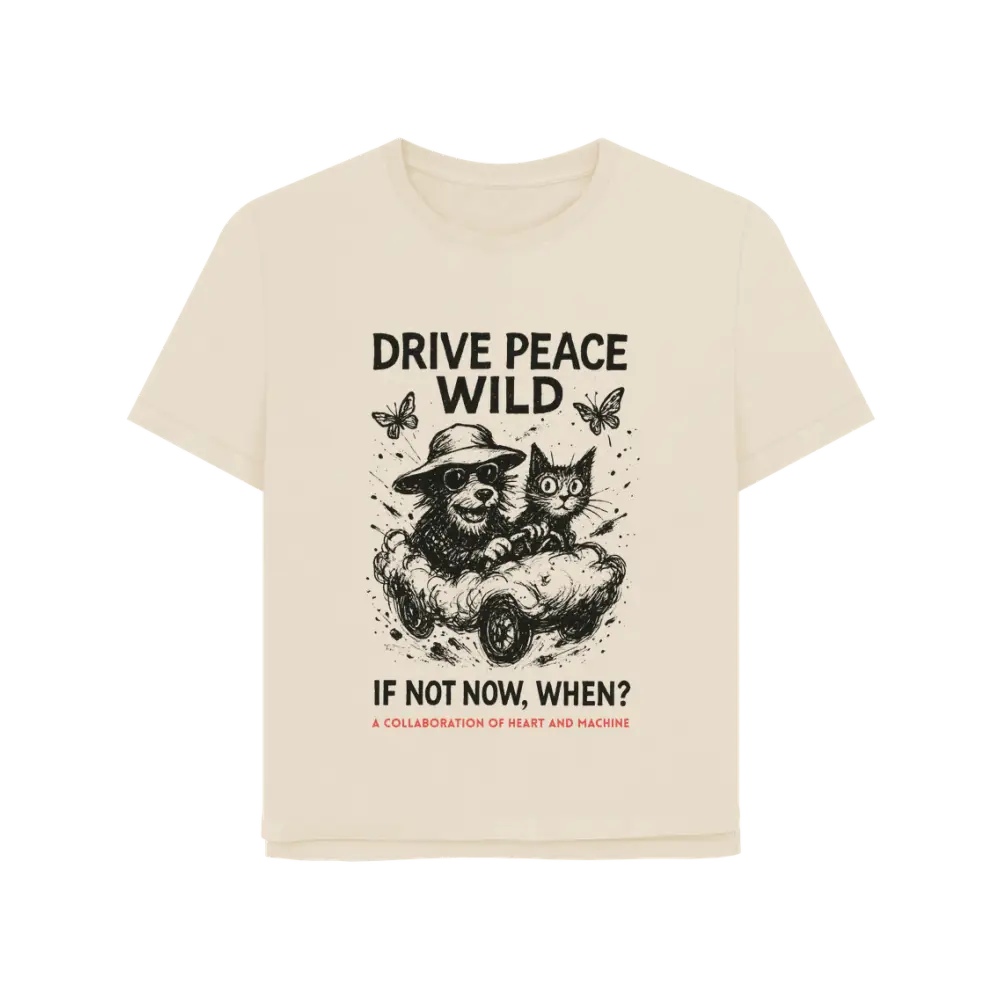 Cream-colored Drive Peace Wild Organic Cotton T-Shirt with monkey and cat graphic design