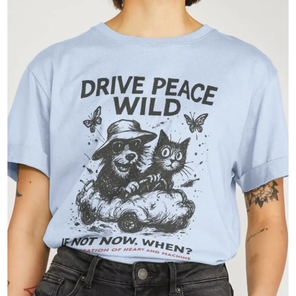 Light blue drive peace wild organic cotton T-shirt with dog and cat graphic design