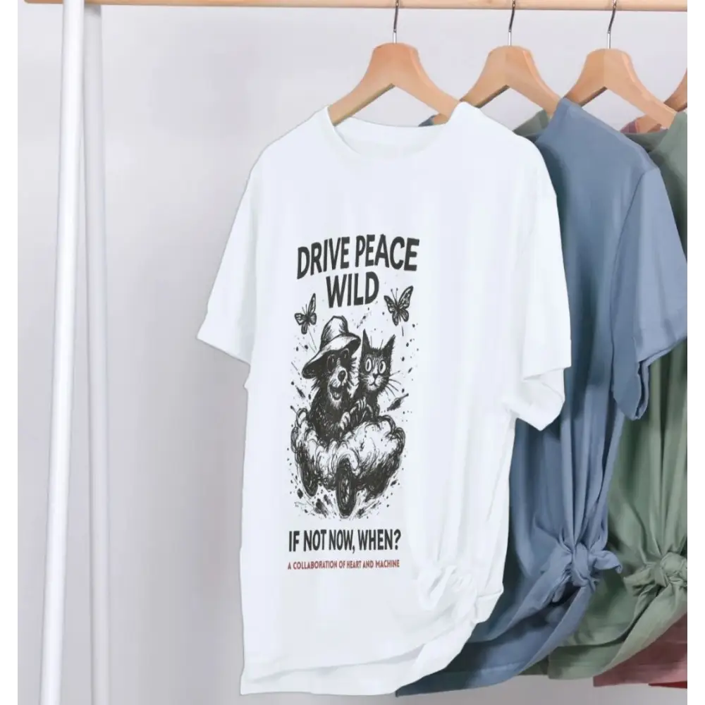 Drive Peace Wild Organic Cotton T-Shirt with black owl and butterfly graphic on white