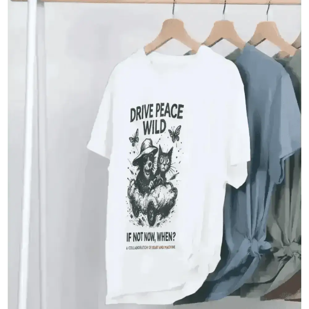 Drive Peace Wild Organic Cotton T-Shirt with black owl and butterfly graphic on white