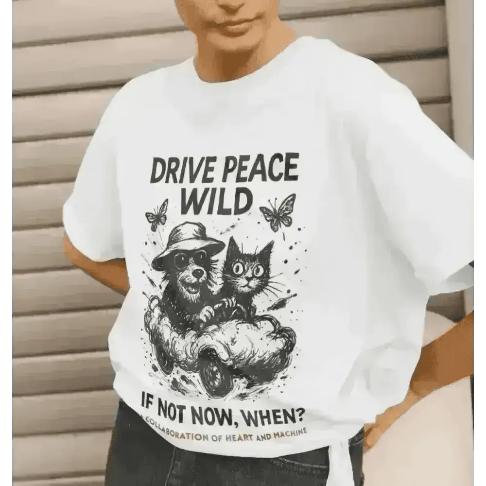 White organic cotton T-shirt with black raccoon and cat illustration and drive peace wild slogan