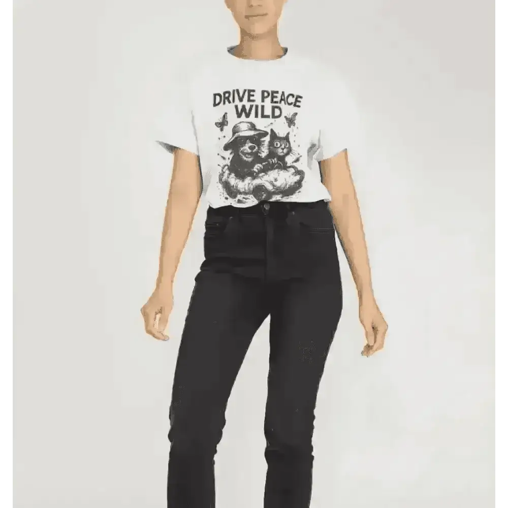 White Drive Peace Wild organic cotton graphic tee with black jeans and hat
