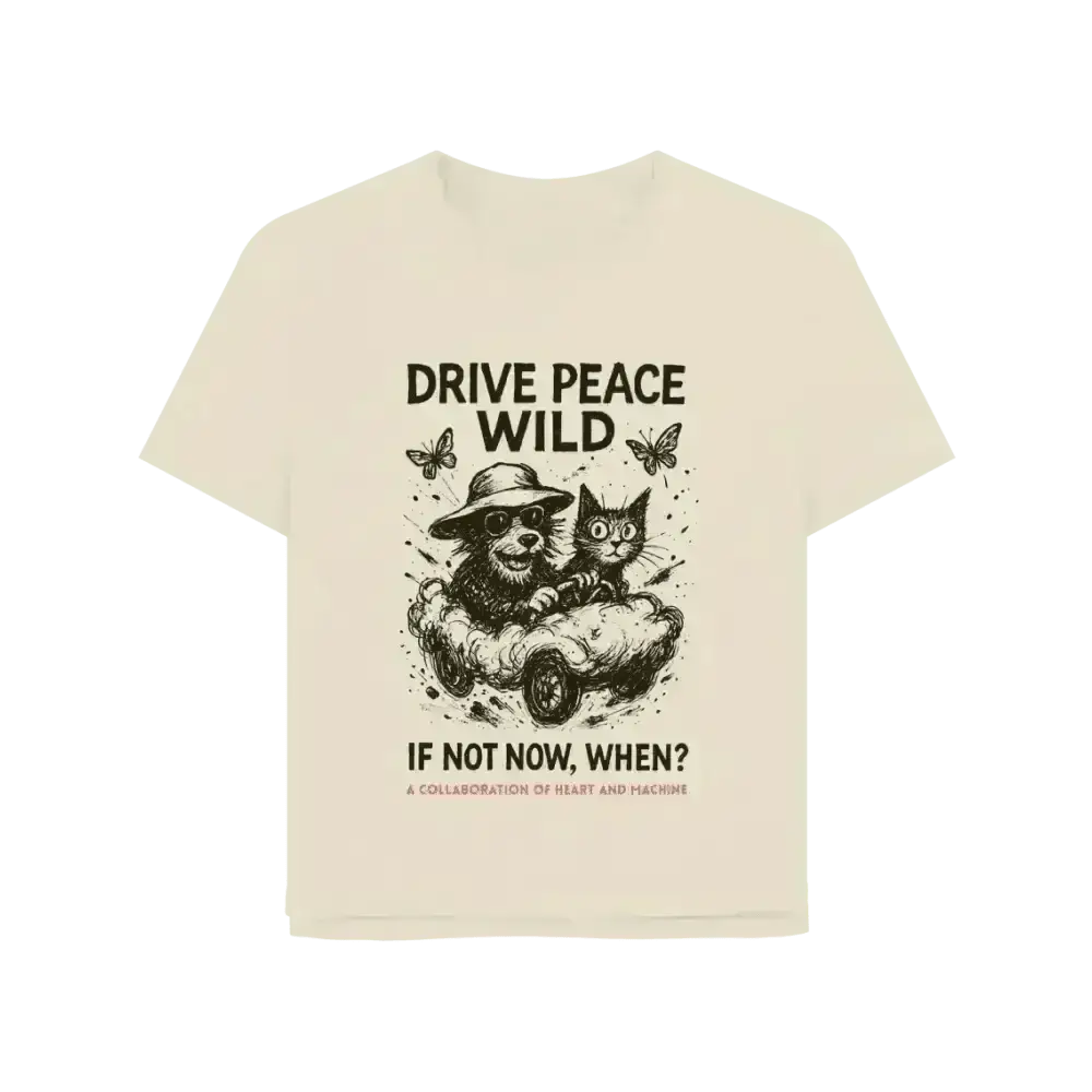 Cream-colored Drive Peace Wild Organic Cotton T-Shirt with monkey and cat graphic design