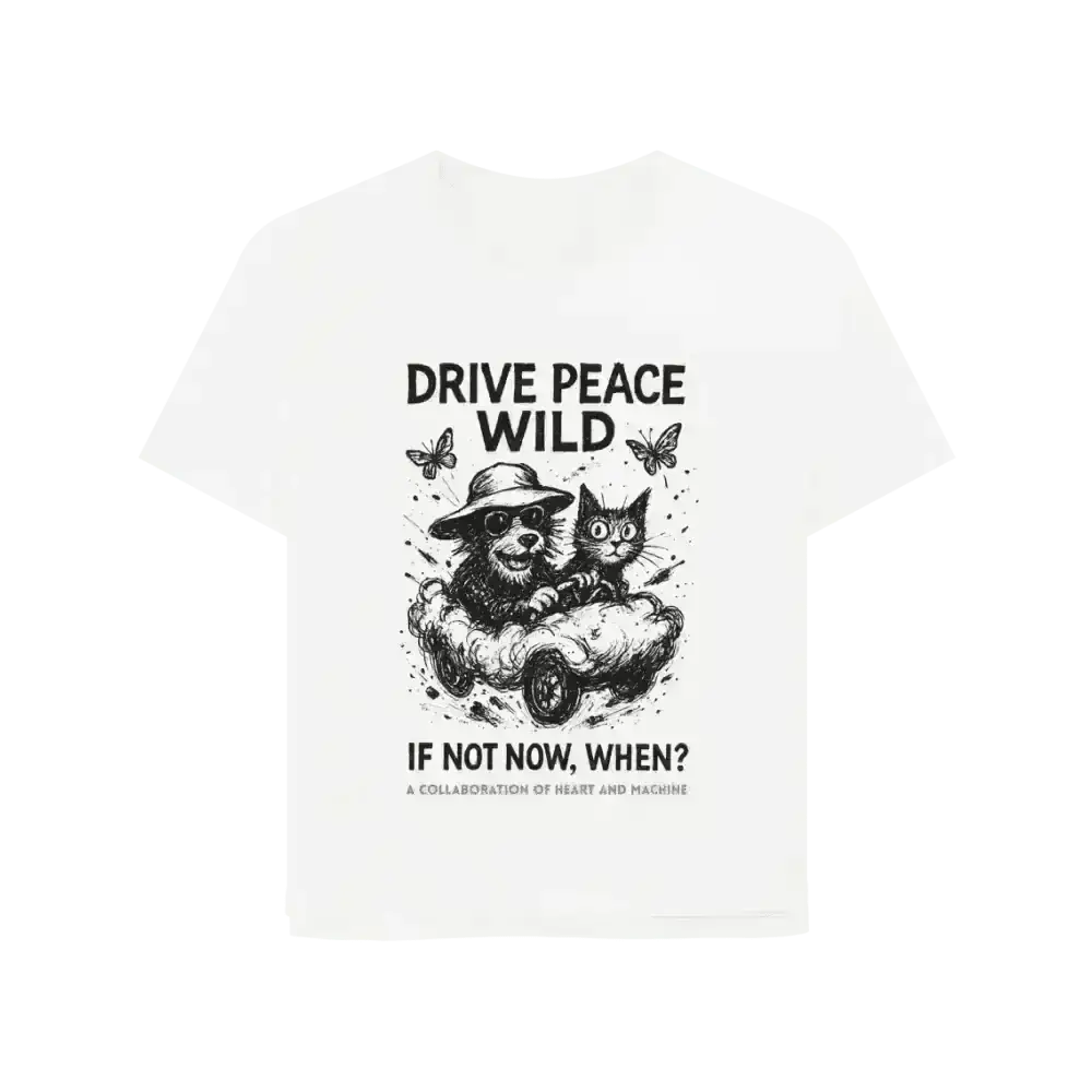 White Drive Peace Wild organic cotton T-shirt with monkey, cat, butterflies, and inspiring text