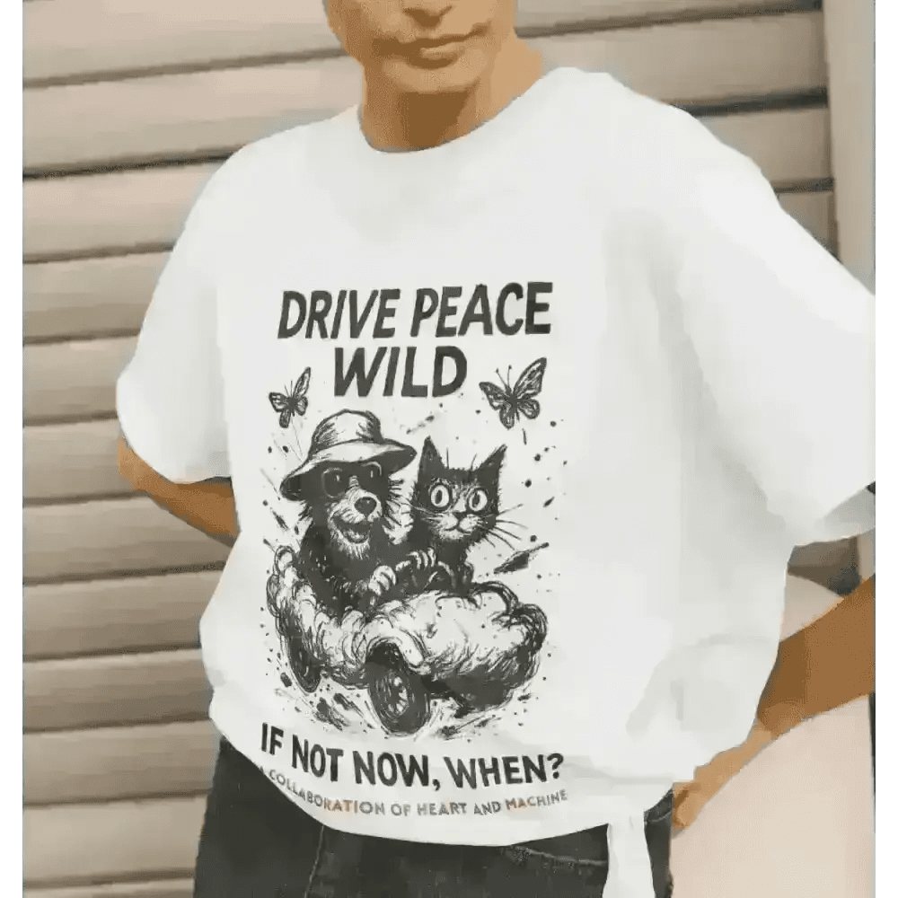 White organic cotton T-shirt with black raccoon and cat illustration and drive peace wild slogan