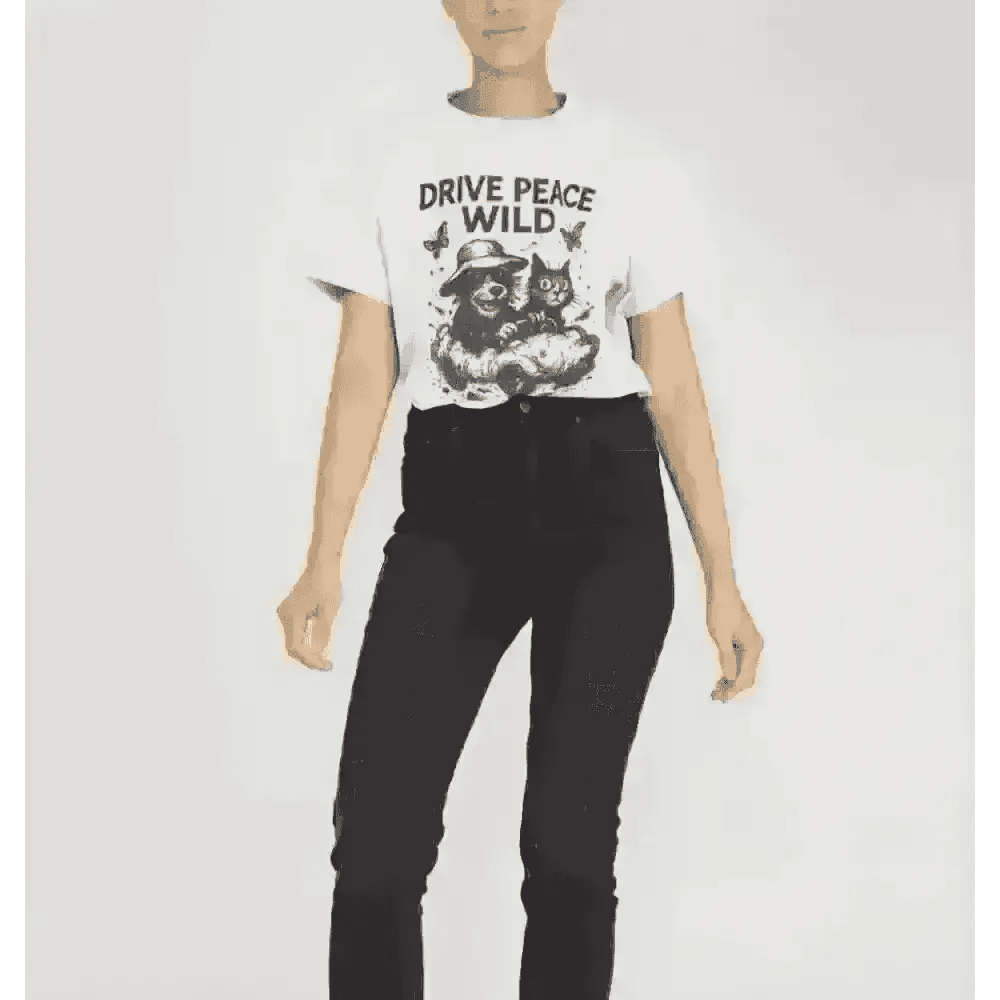 White Drive Peace Wild organic cotton graphic tee with black jeans and hat
