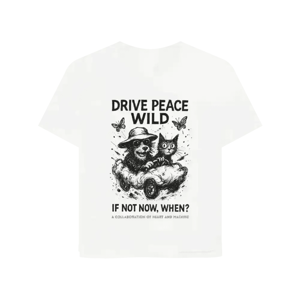 White Drive Peace Wild organic cotton T-shirt with monkey, cat, butterflies, and inspiring text