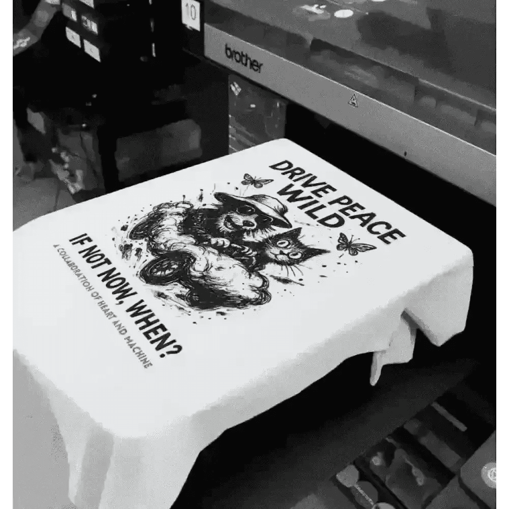 Brother printer with black and white design on top for Drive Peace Wild Organic Cotton T-Shirt