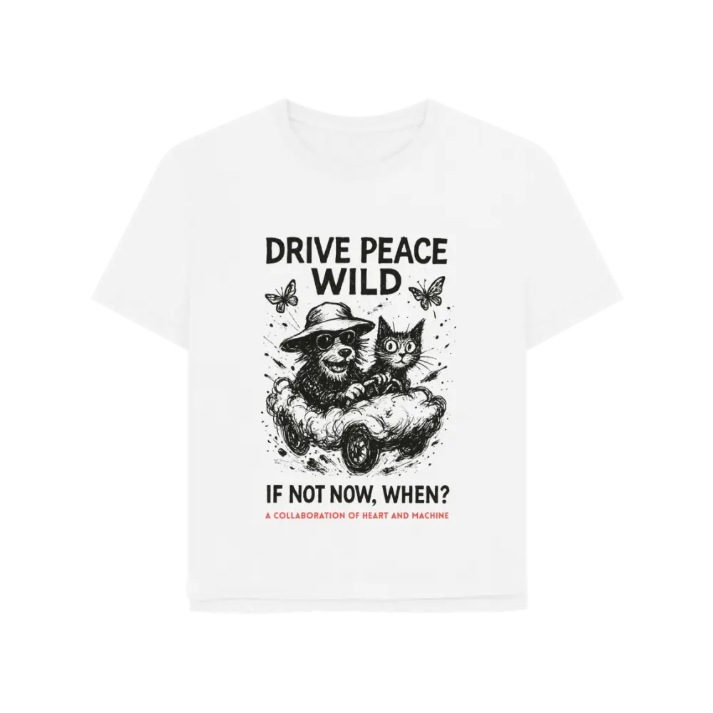 White Drive Peace Wild organic cotton T-shirt with monkey, cat, butterflies, and inspiring text