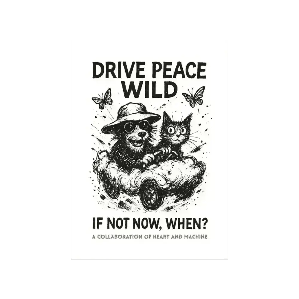Gonzo peace black and white dog driving car with cat, butterflies, Thompson postcard