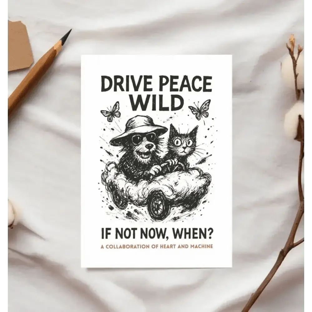 Gonzo Peace Thompson Postcard: Dog and cat driving car illustration