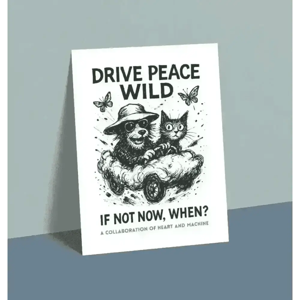 White poster with black and gray illustration of dog driving car, cat passenger, butterflies, text drive peace wild if not now when?