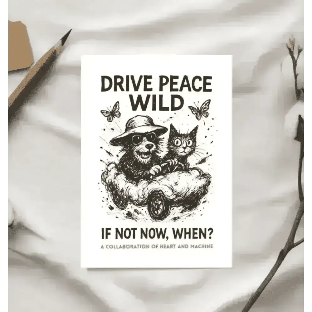 Gonzo Peace Thompson Postcard: Dog and cat driving car illustration