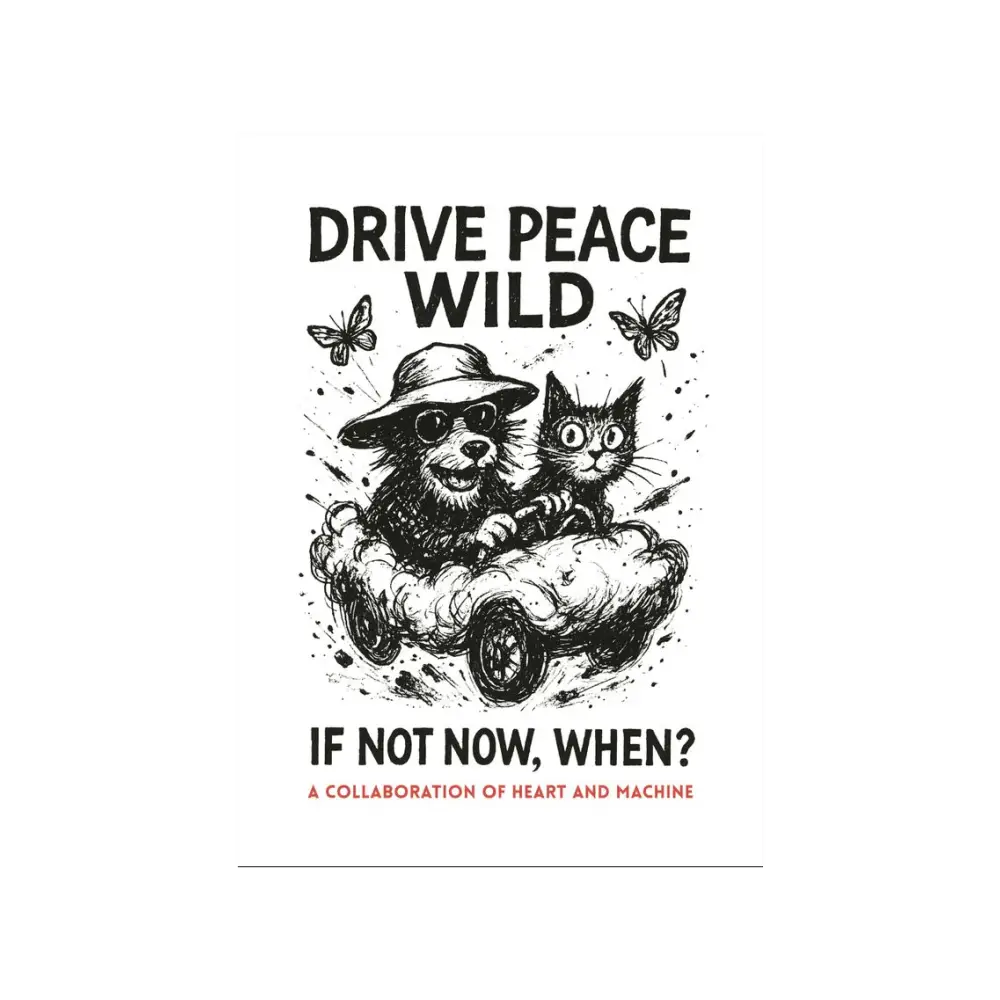 Gonzo peace black and white dog driving car with cat, butterflies, Thompson postcard