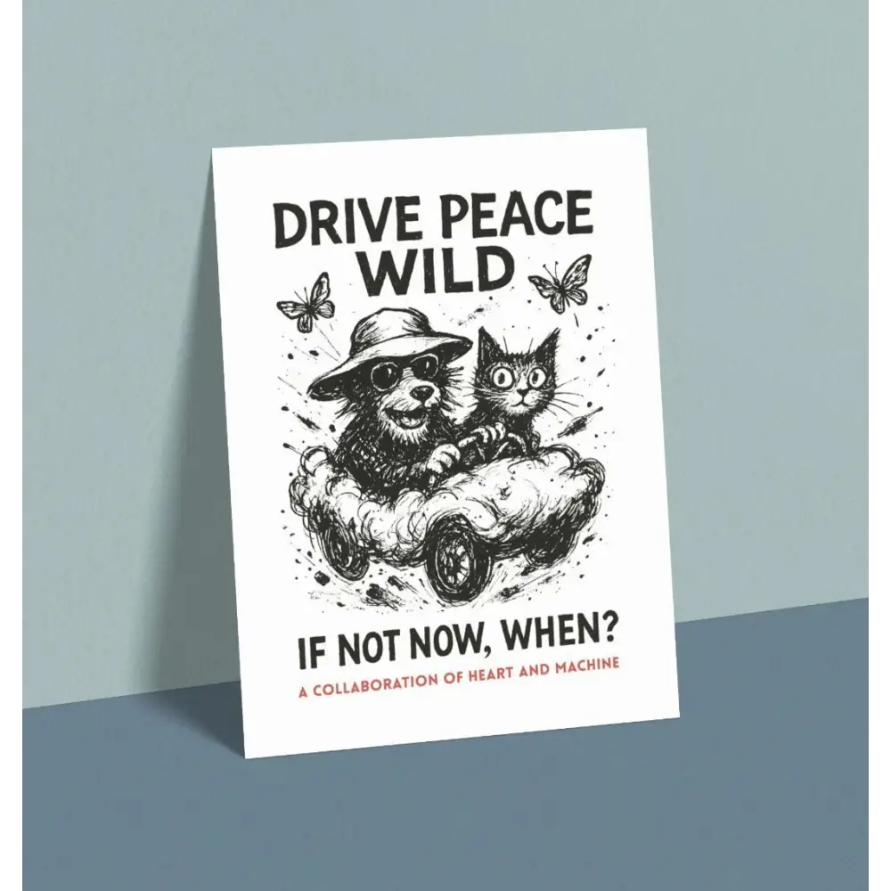 White poster with black and gray illustration of dog driving car, cat passenger, butterflies, text drive peace wild if not now when?