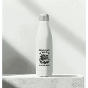 White stainless steel water bottle with black graphic design for Drive Peace Wild steel water bottle