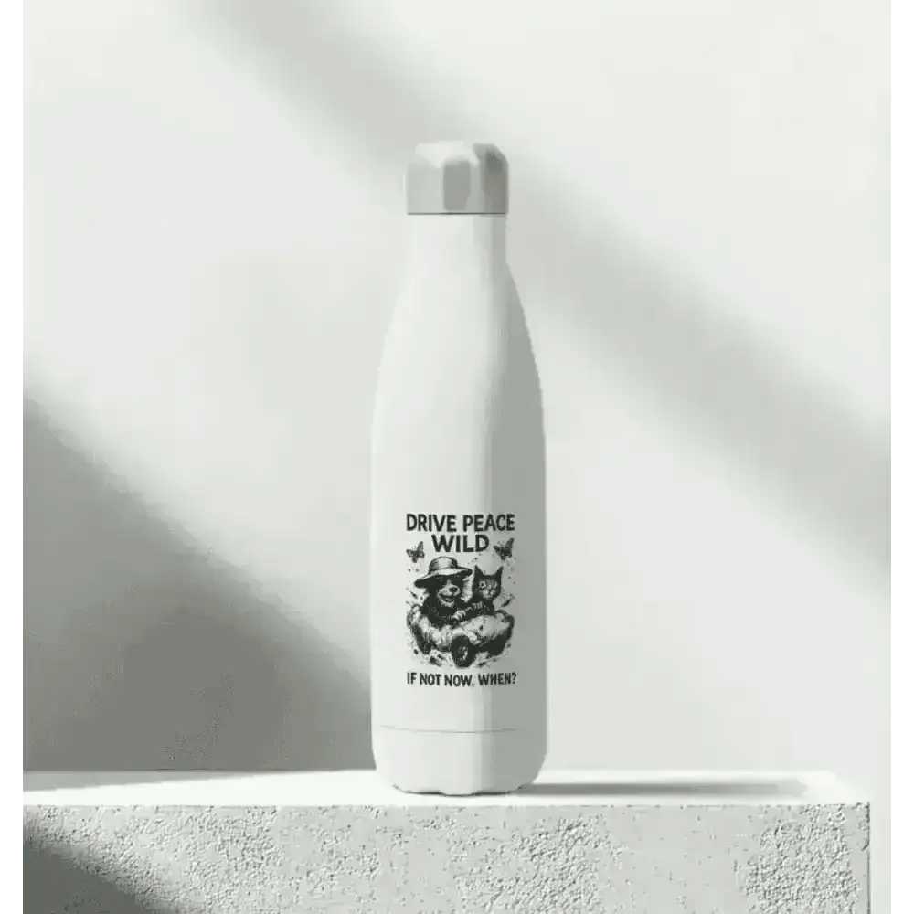 White stainless steel water bottle with black graphic design for Drive Peace Wild steel water bottle