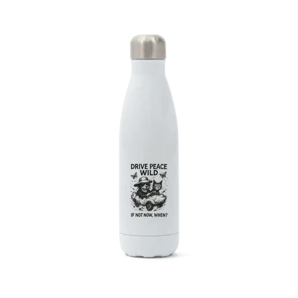 White stainless steel water bottle with black graphic design for Drive Peace Wild Steel Water Bottle