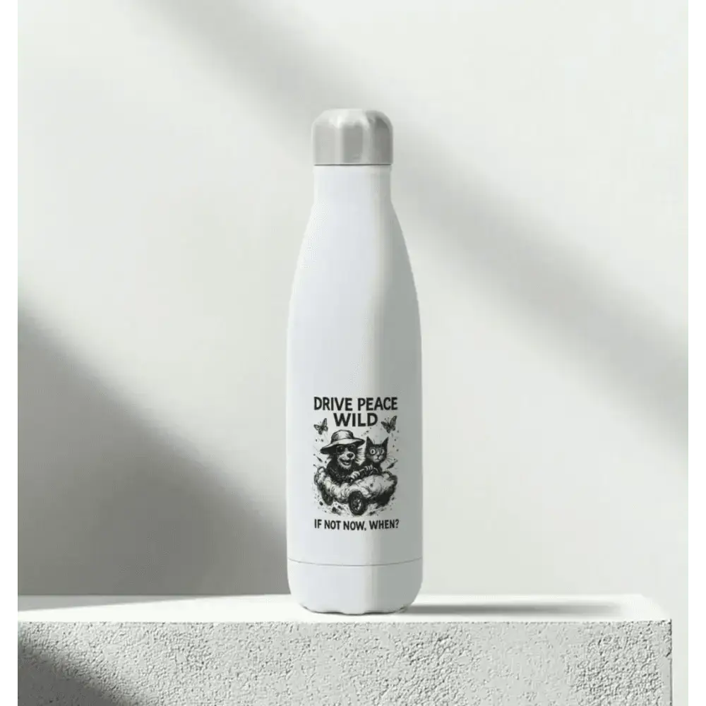 White stainless steel water bottle with black graphic design for Drive Peace Wild steel water bottle