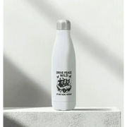 White stainless steel water bottle with black graphic design for Drive Peace Wild steel water bottle