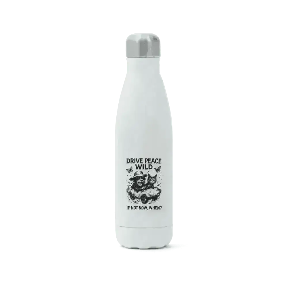 White stainless steel water bottle with black graphic design for Drive Peace Wild Steel Water Bottle