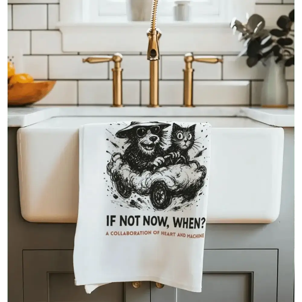 White organic cotton kitchen towel with dog and cat graphic and the message drive peace