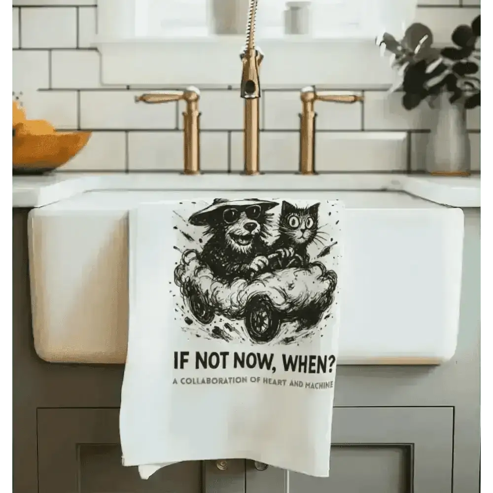 White organic cotton kitchen towel with dog and cat graphic and the message drive peace
