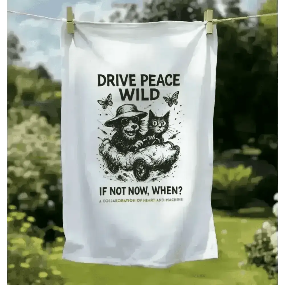 White Organic Cotton Drive Peace Wild Tee Towel with bear, cat, butterflies illustration