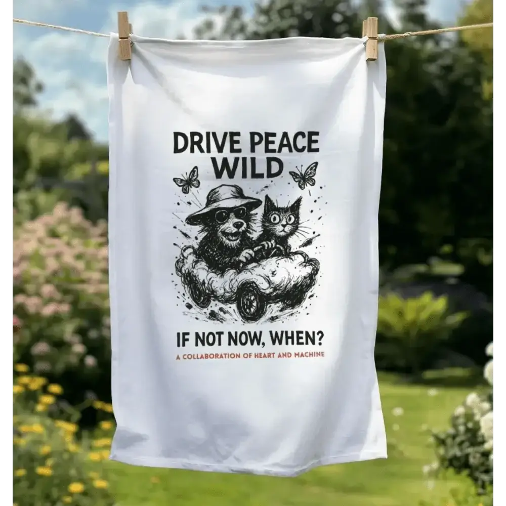 White Organic Cotton Drive Peace Wild Tee Towel with bear, cat, butterflies illustration