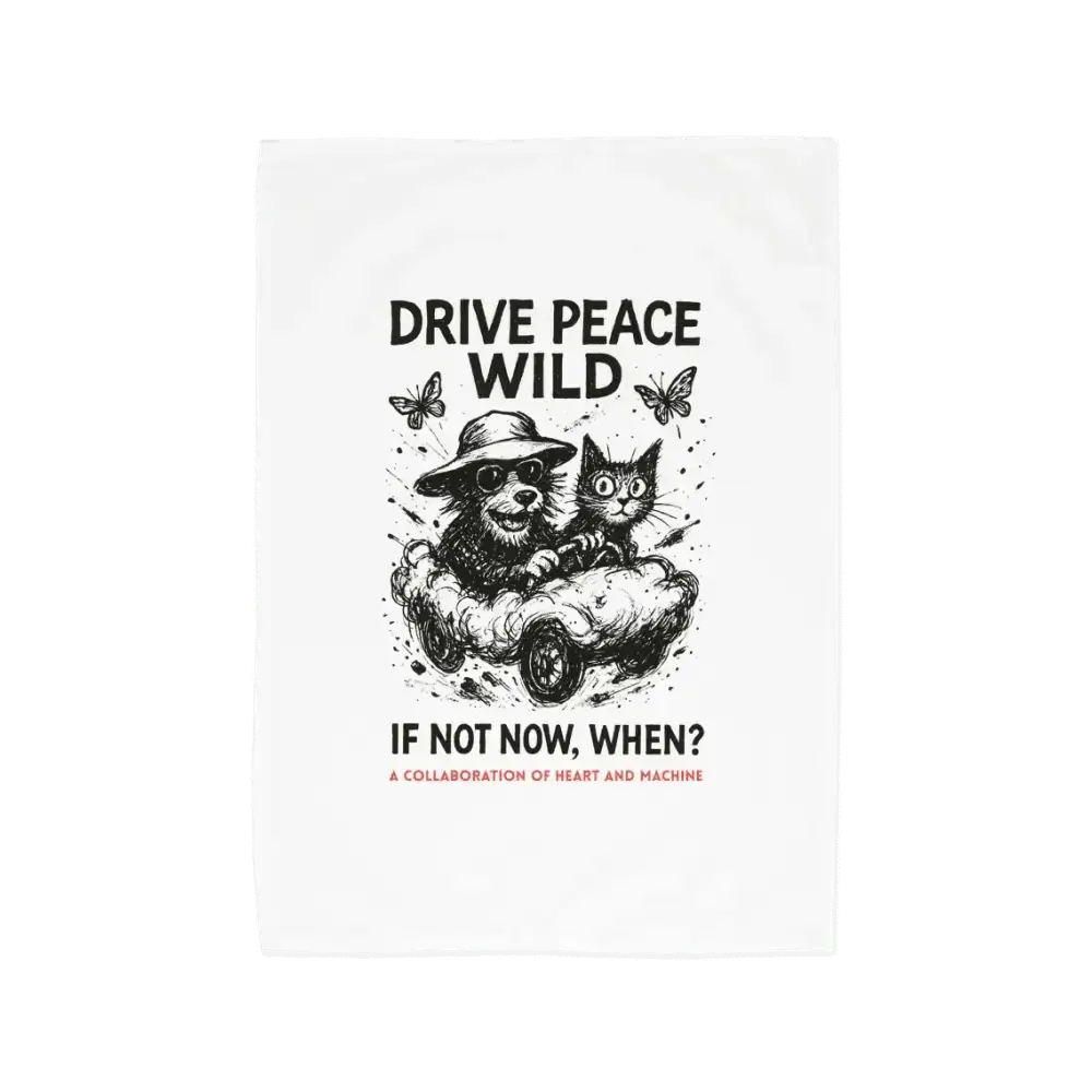 White organic cotton Drive Peace Wild Tee Towel with bear and cat graphic design