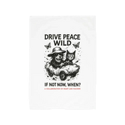 White organic cotton Drive Peace Wild Tee Towel with bear and cat graphic design