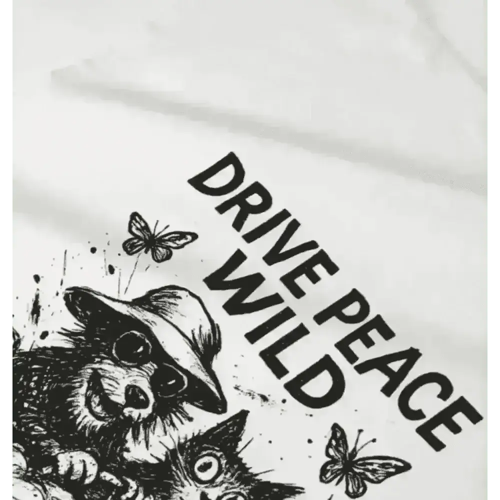White Drive Peace Wild Tee Towel featuring raccoon, kittens, butterflies, sunglasses, and hat design on organic cotton fabric
