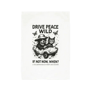 White organic cotton Drive Peace Wild Tee Towel with bear and cat graphic design