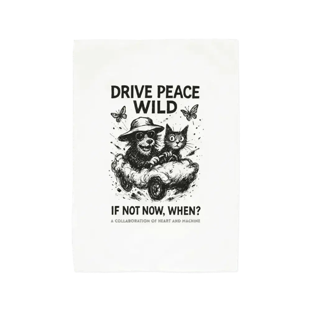 White organic cotton Drive Peace Wild Tee Towel with bear and cat graphic design