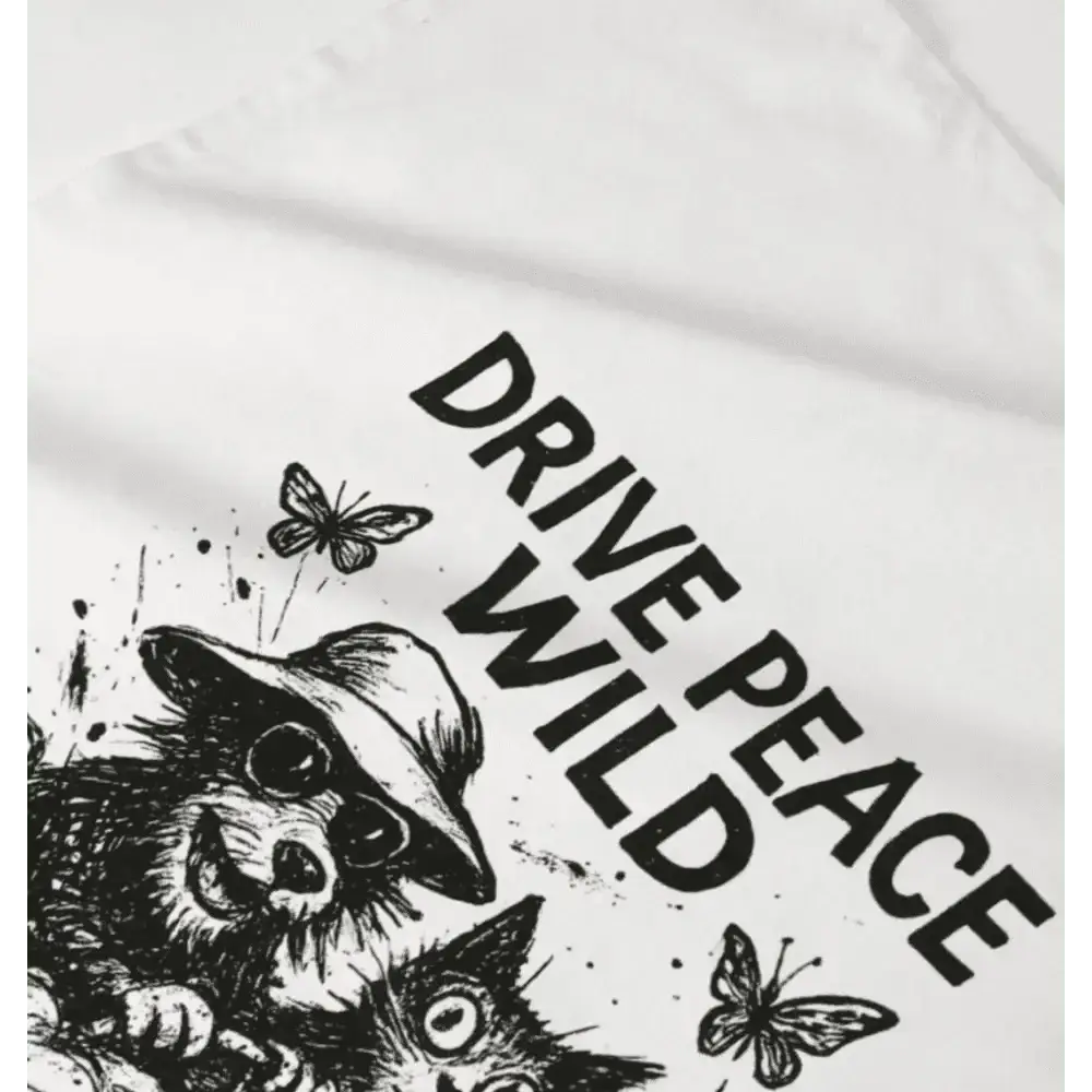 White Drive Peace Wild Tee Towel featuring raccoon, kittens, butterflies, sunglasses, and hat design on organic cotton fabric