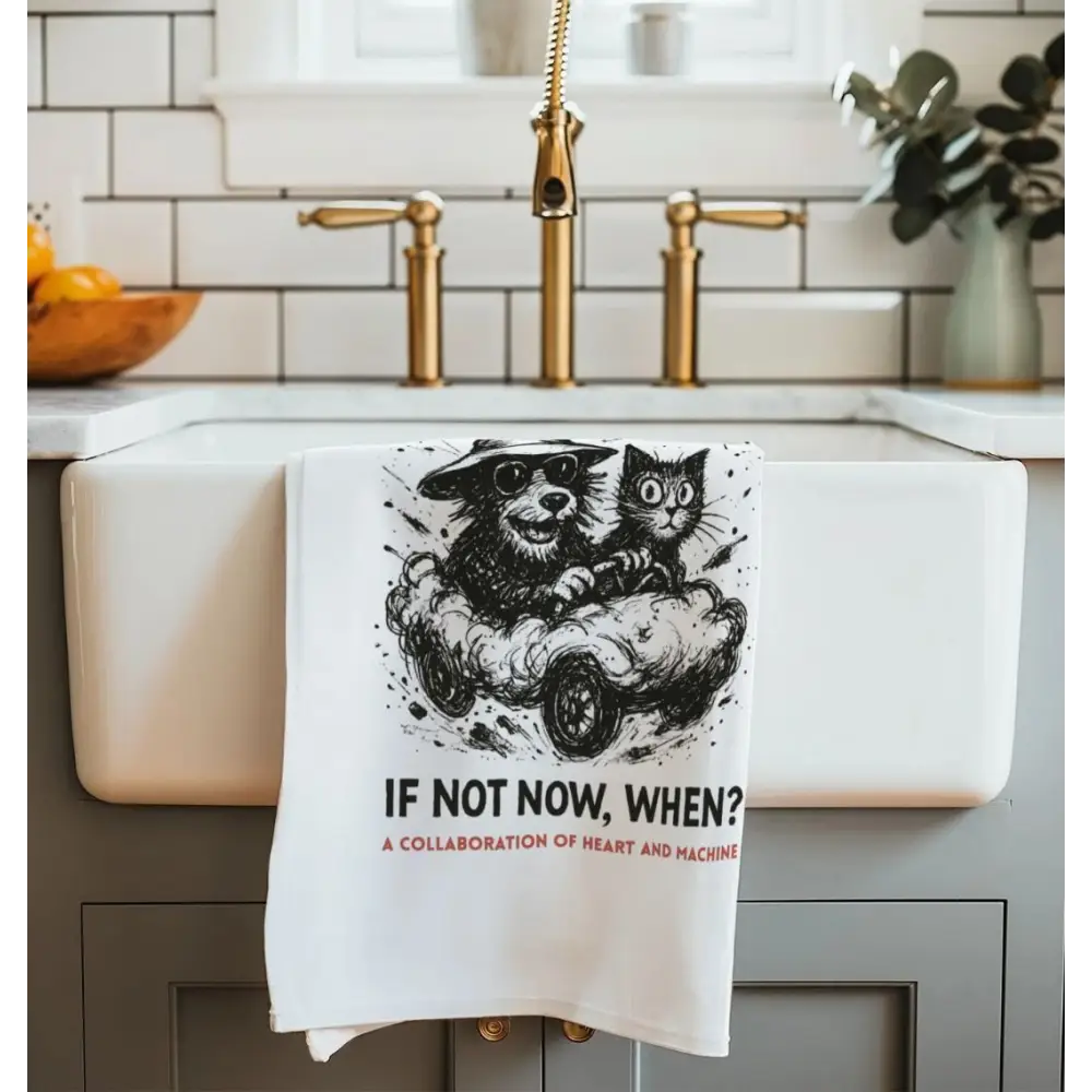 White organic cotton kitchen towel with dog and cat graphic and the message drive peace