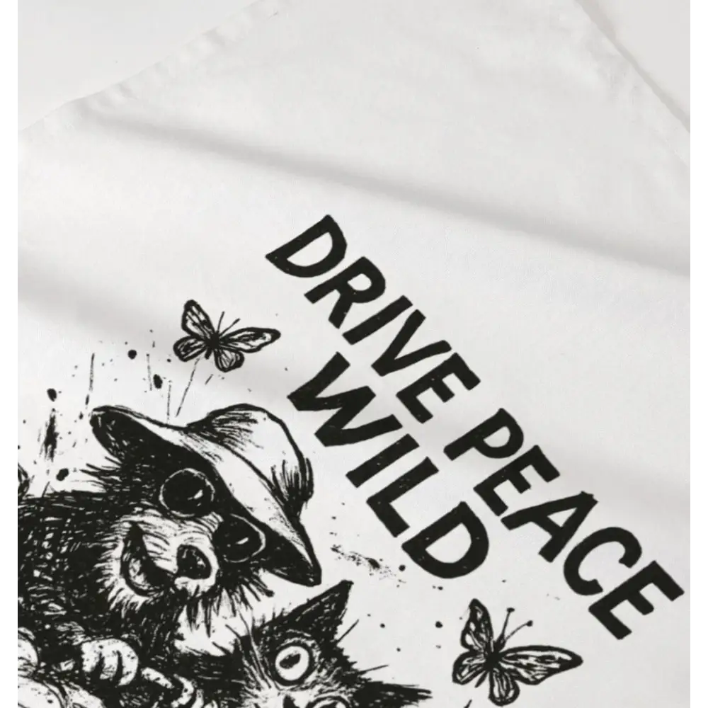 White Drive Peace Wild Tee Towel featuring raccoon, kittens, butterflies, sunglasses, and hat design on organic cotton fabric