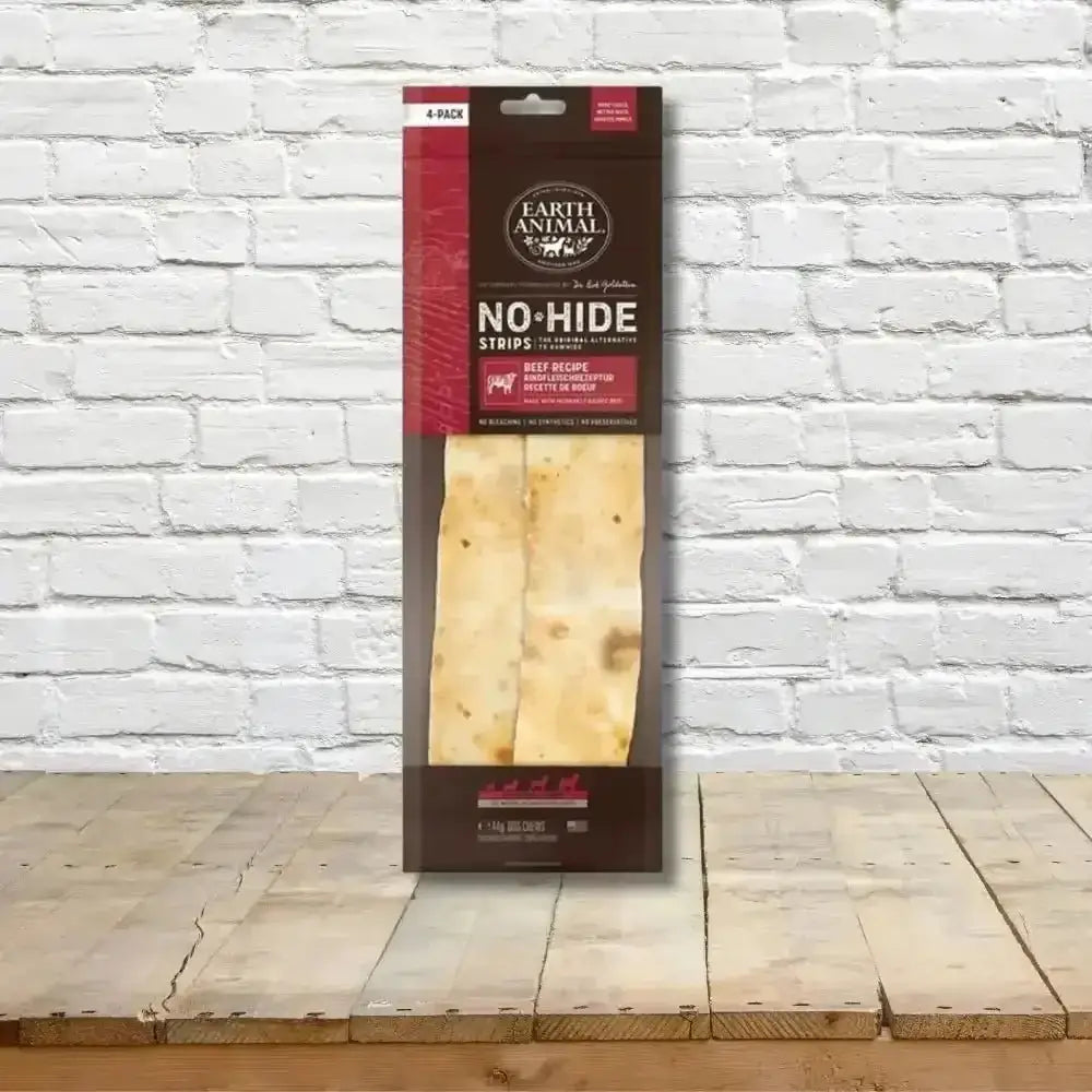 Earth Animal No Hide Beef Strips 4pk 44g packaging showing tasty chew experience and brown rice flour