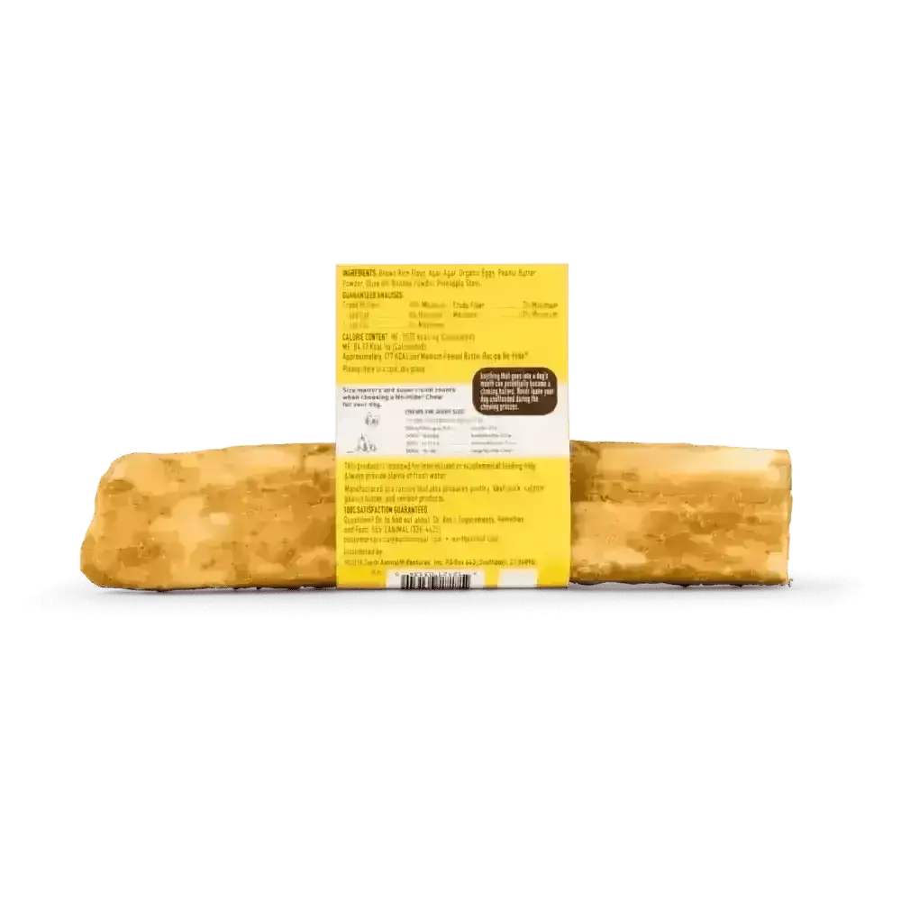 Yellow and brown Earth Animal No-Hide Peanut Butter Chew wrapper with dark label