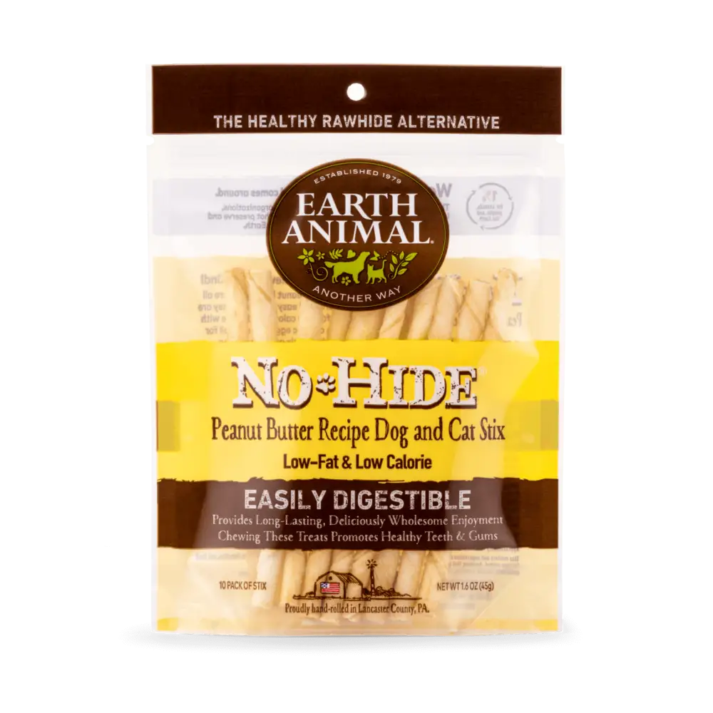 Earth Animal No-Hide Peanut Butter Dog Stix treat bag featuring natural peanut butter flavor
