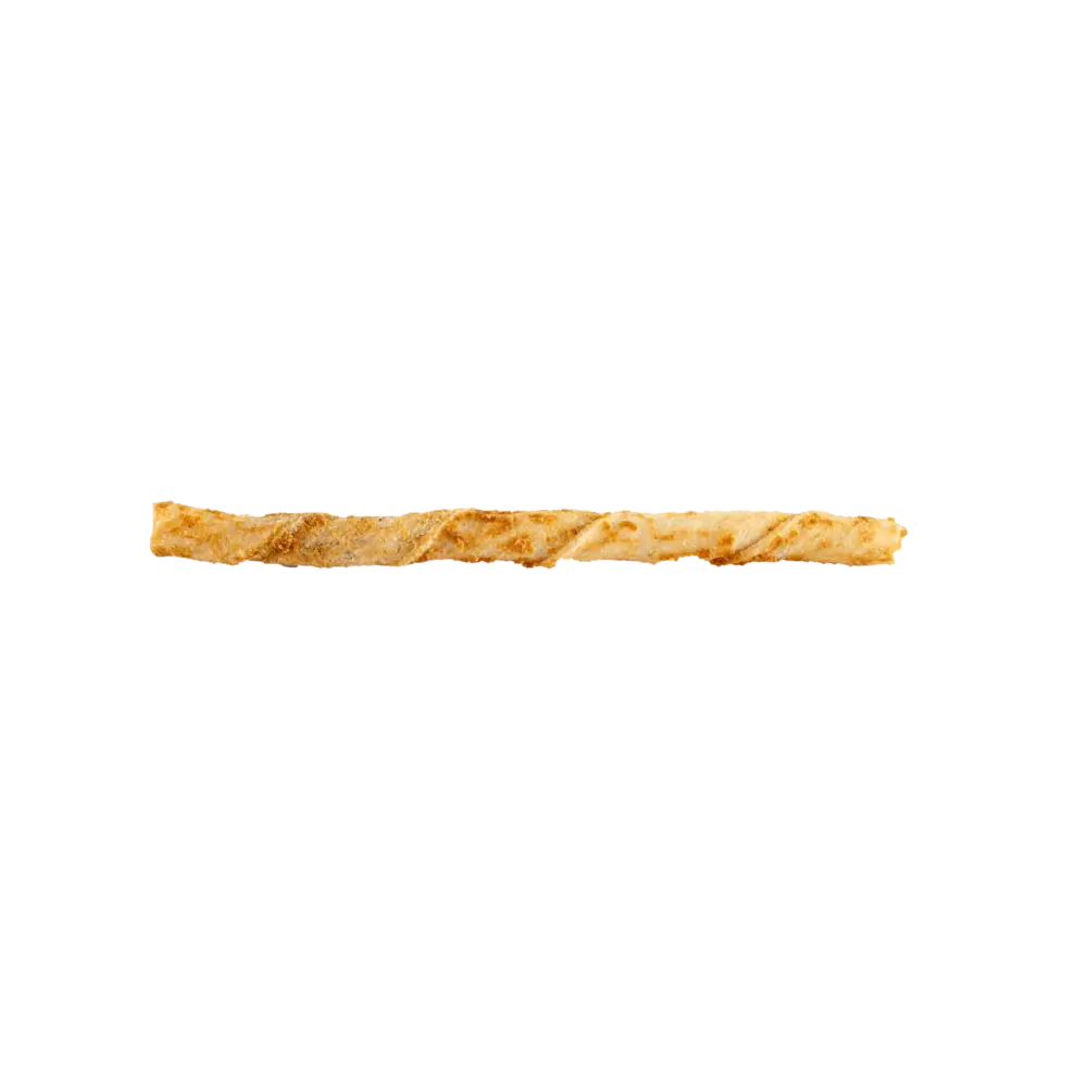 Golden braided bread stick with rustic texture for Earth Animal No-Hide Peanut Butter Dog Stix